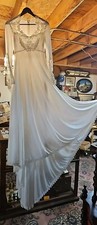 Vintage 1980s Empire Waist Wedding Dress w/ Long Train Lace Bodice, Back, Sleeve
