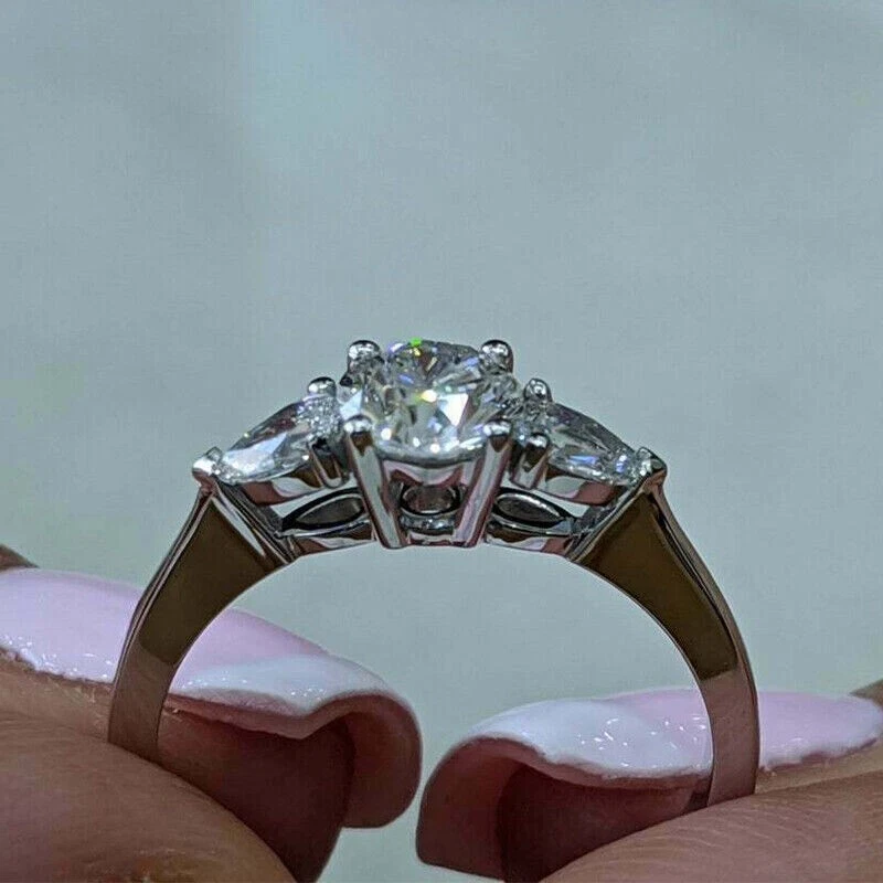 Round Cut 2Ct Diamond Trilogy Wedding Engagement Ring 14K White Gold Over Size R - Image 4 of 4