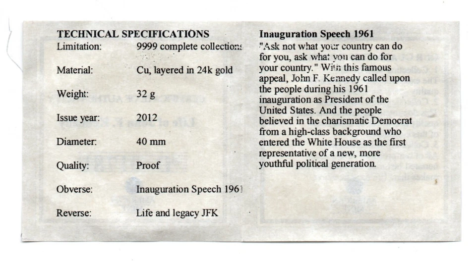 Life Of JFK Inauguration Speech 1961 Gold Plated - Image 4 of 4