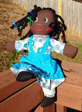 Awesome! 13" African-Bahamas Cloth Rag Doll Braided Hair w/Ribbons and Apron