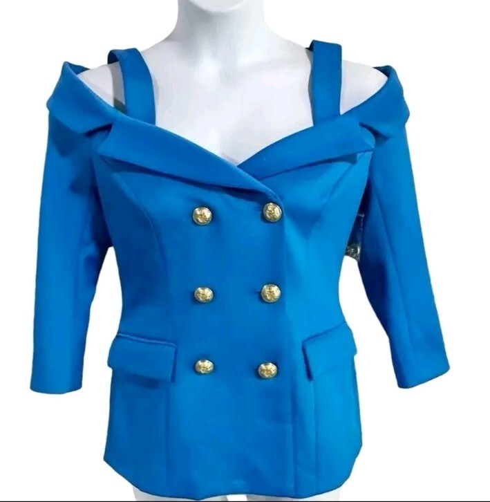 Alexia Admor Blue Double Breasted Off Shoulder Blazer Jacket Top