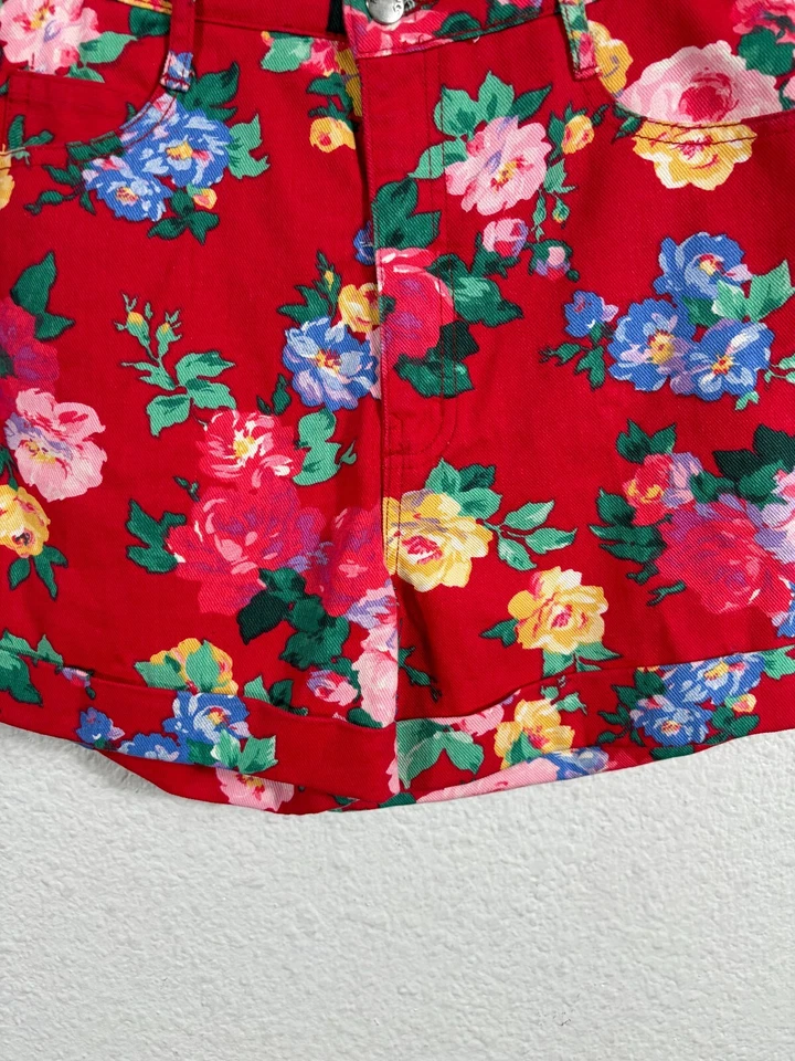 Pantalones Cortos Vintage Y2K Paris Azul Pequeño Talla 11 Rojo Floral Cintura Alta Algodón Denim Foto 3 de 4