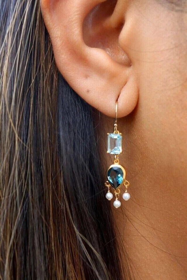 3Ct Chandelier Earrings Pear Cut Lab-Created LBT & Pearl 14K Yellow Gold Plated - Image 4 of 4