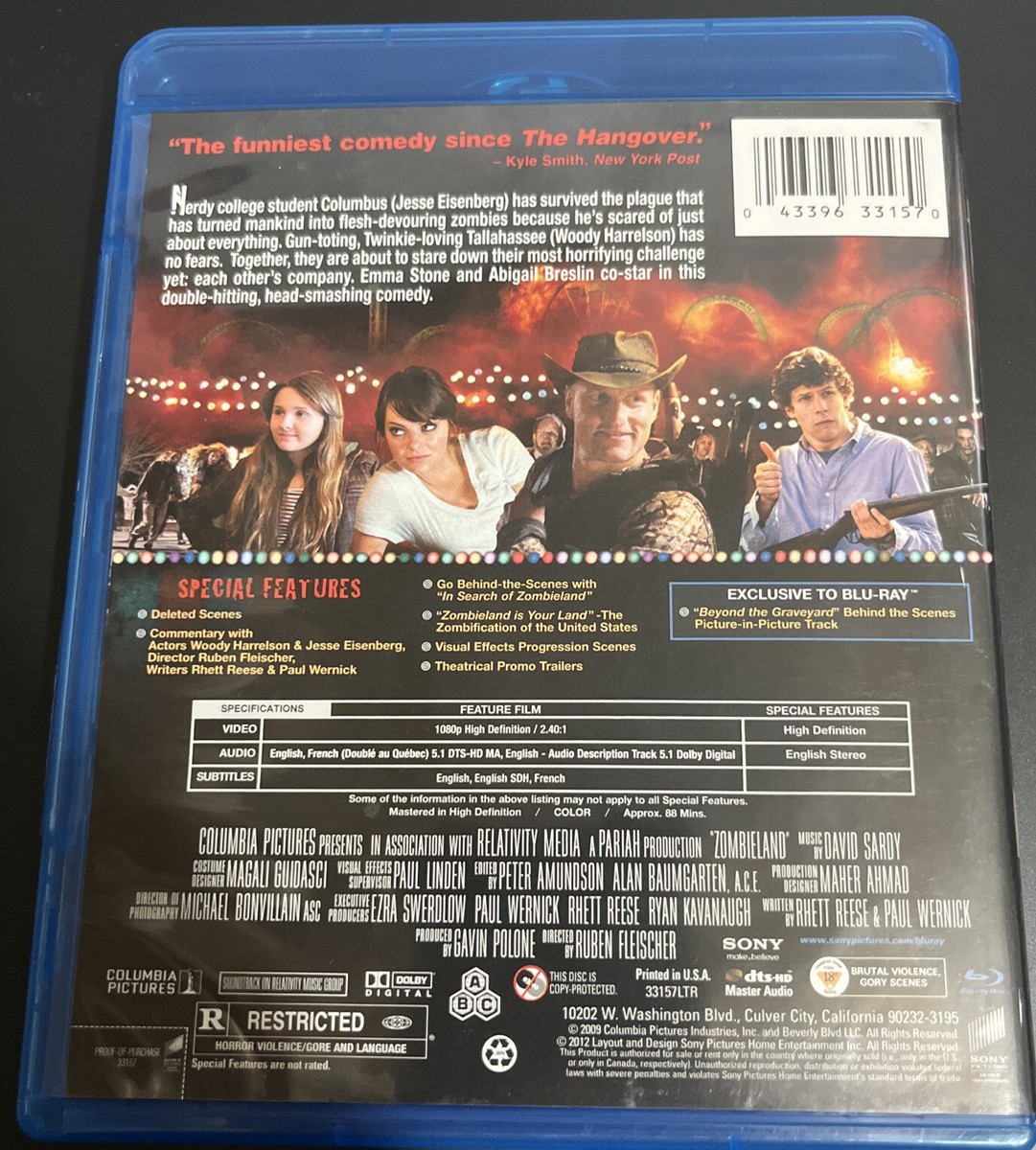 Zombieland (Blu-ray, 2009) HORROR COMEDY EMMA STONE HARRELSON