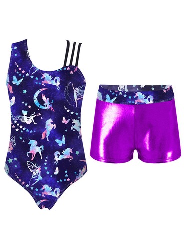 Girls 2Pcs Gymnastics Dance Outfit Sleeveless Leotard with Shorts Sets Dancewear - Picture 26 of 44