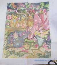 1991 Candamar Designs Inc # 50633 Cross Stitch Canvas  only "Teddies in Garden" 