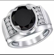 Naturale Onice Nera Gemma Con 14K Placcato Oro Bianco Argento Anello per Uomo #