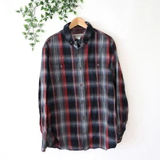 Duluth Trading Co Men's Trim Fit Gray & Red Plaid Long Sleeve Button Shirt Sz L