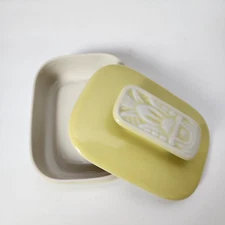 Vintage Hoenig of California Dish w Lid Trinket Vanity Cigarette Box Tiki Yellow