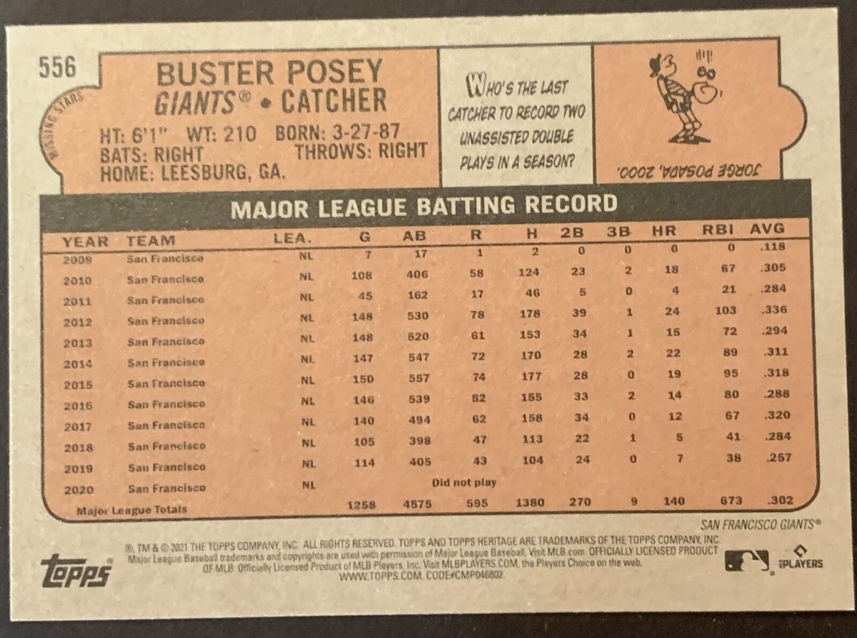 2021 TOPPS HERITAGE HIGH NUMBER BUSTER POSEY #556 MISSING STARS