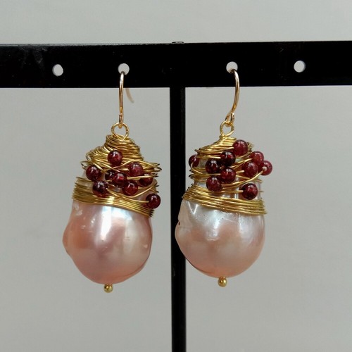 16x26MM Natural Pink Keshi Pearl Garnet Hook Earrings - Picture 2 of 8