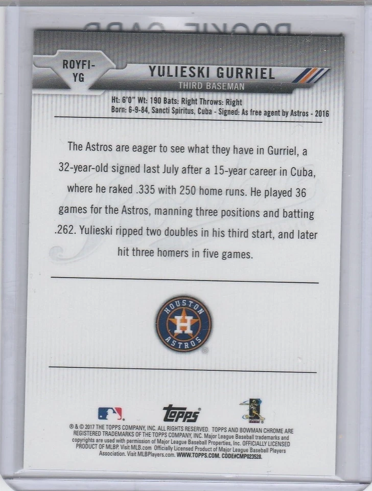 YULIESKI GURRIEL 2017 Bowman TARJETA DE NOVATO INSERCIÓN NEGRA Houston Astros béisbol radiocontrol Foto 2 de 2