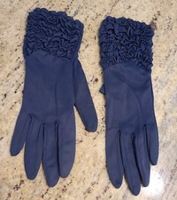 Vintage Size S Blue Rayon Formal Gloves Smocking Jabot Ruffle Look