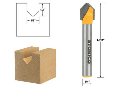 90 Degree X 3/8'' Dia V Groove Flat Bottom Router Bit-1/4'' Shank - Yonico 14987q
