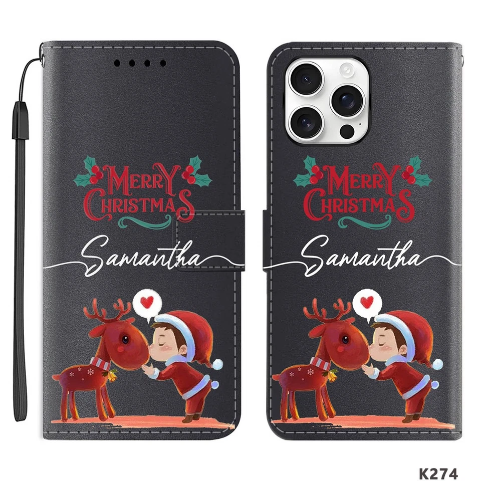 Funda de cuero navideña de dibujos animados para iPhone 16e 15 Pro 14 17 cubierta abatible personalizada Foto 3 de 4