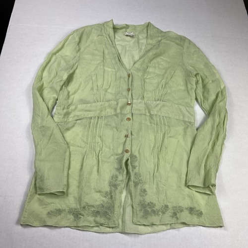 J.Jill Embroidered Button Down Shirt Green Sheer Boho Y2K Long Sleeve Top SMALL