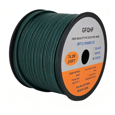 250FT Green 18/2 SPT-2 Extension Cord Wire, UL Listed, Vampire Plug Compatible