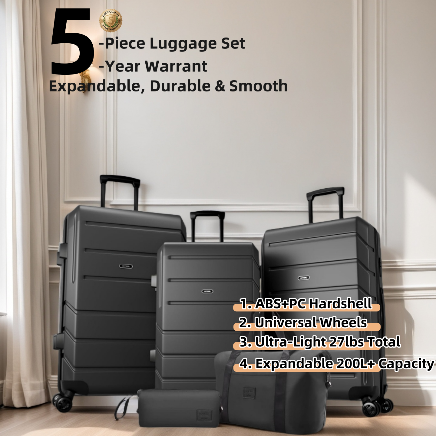 ABS+PC Luggage Set 5 Piece Expandable Suitcase 20/24/28 Inch with Spinner Wheels