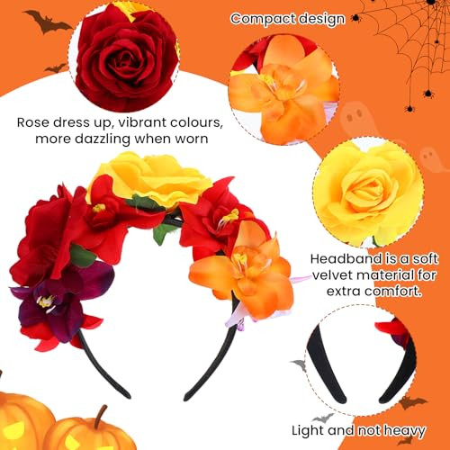 Halloween Headbands, Floral Day of the Dead Headband Mexican Flower Rose Crown - Afbeelding 6 van 7