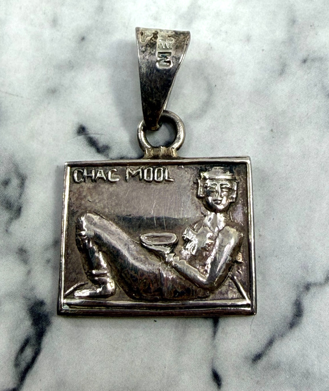 Vtg Rectangular Sterling Silver Pendant Chac Mool… - image 1