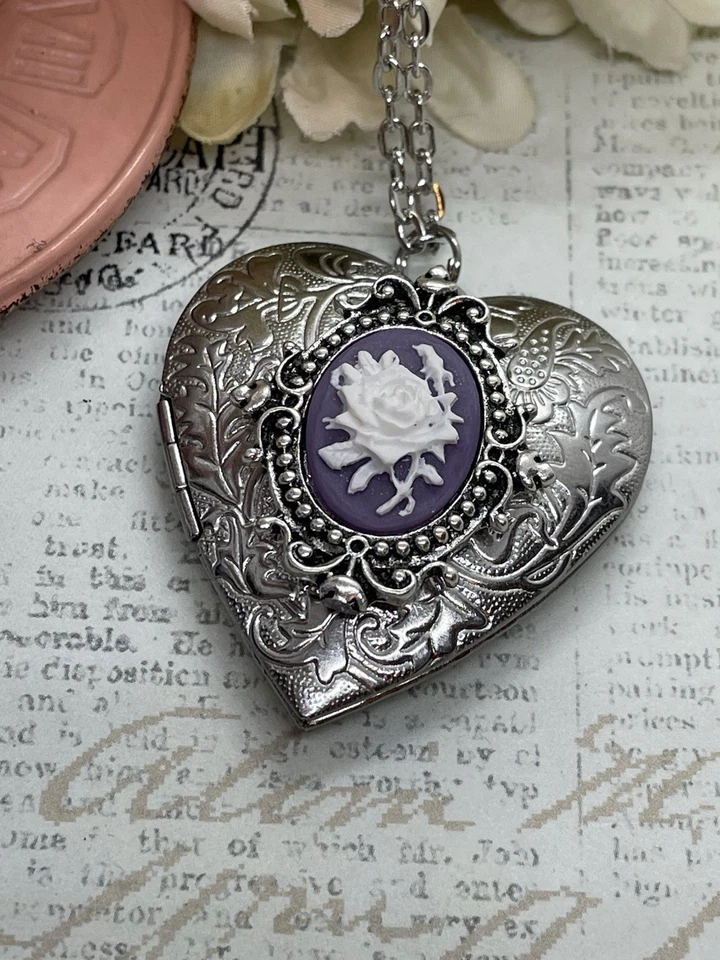 Corazón Plata Medallón Púrpura y Blanco Regalo Cumpleaños Rosa Collar Foto Boda Foto 2 de 4