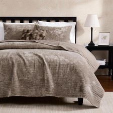 Velvet Queen Size Camel Striped Pick Stitch Quilt Set, Brown, Taupe, Tan,