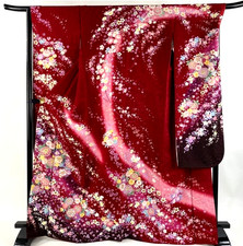 Japanese kimono SILK"FURISODE,GLD thread,Kin-TO-OSHI,Bouquet,Msize,L5'6"..4721
