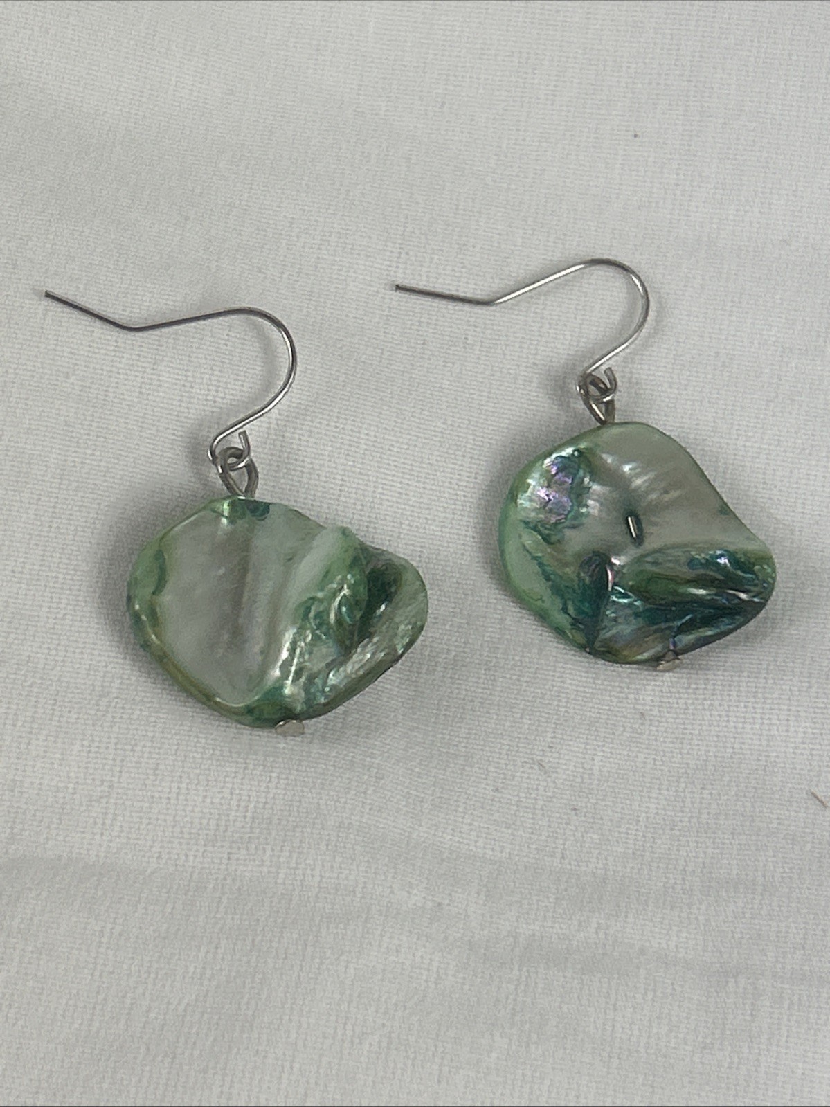 Abalone Shell Dangling Earrings Green Asymmetrica… - image 4