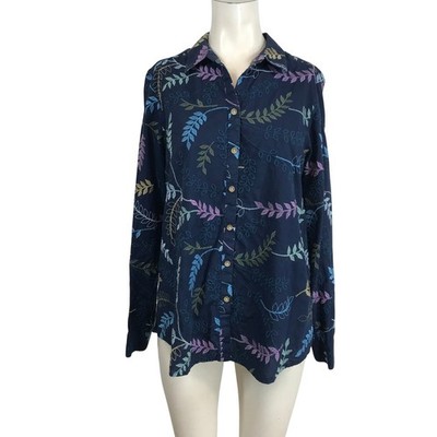 Foxcroft NYC Navy Blue Embroidered Leaf Cotton Button Down Shirt Relaxed Size 16
