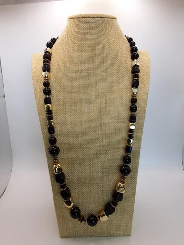 Beautiful Vintage Miriam Haskell Signed Necklace,  Black and Gold, 32"