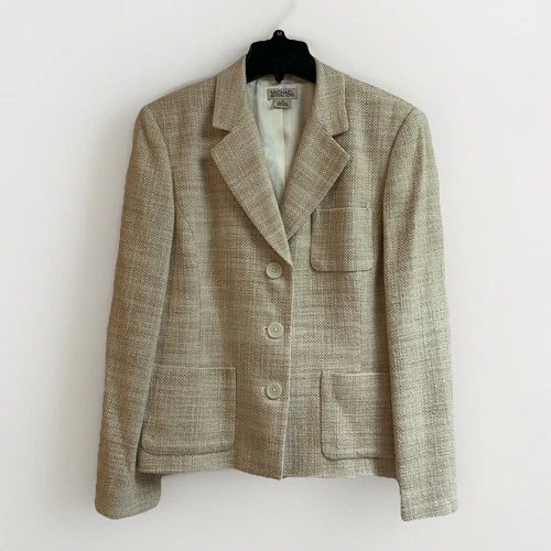 Blazer Michael Kors tweed beige 3 tasche bottoni misto cotone seta S 16