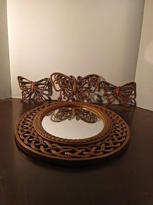 Vintage 1978 Homco Rattan Look Butterfly Wall Decor Mirror Set 4 Brown MCM Retro