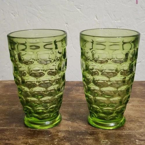 Vintage Federal Glass Yorktown Colonial Thumbprint Tumblers Green 5.5"
