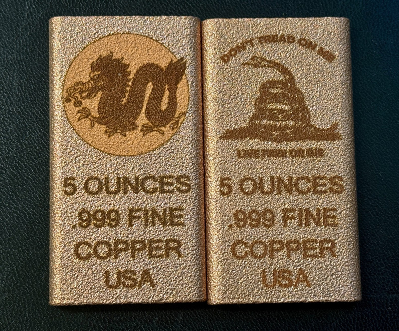 5 oz .999 Fine Copper Bar Dragon & Snake Elemental Design Stamped Bullion Lot