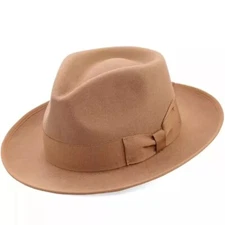 Gents Camel 100% Wool Hand Made Wider Brim Felt Fedora Trilby Hat With Band