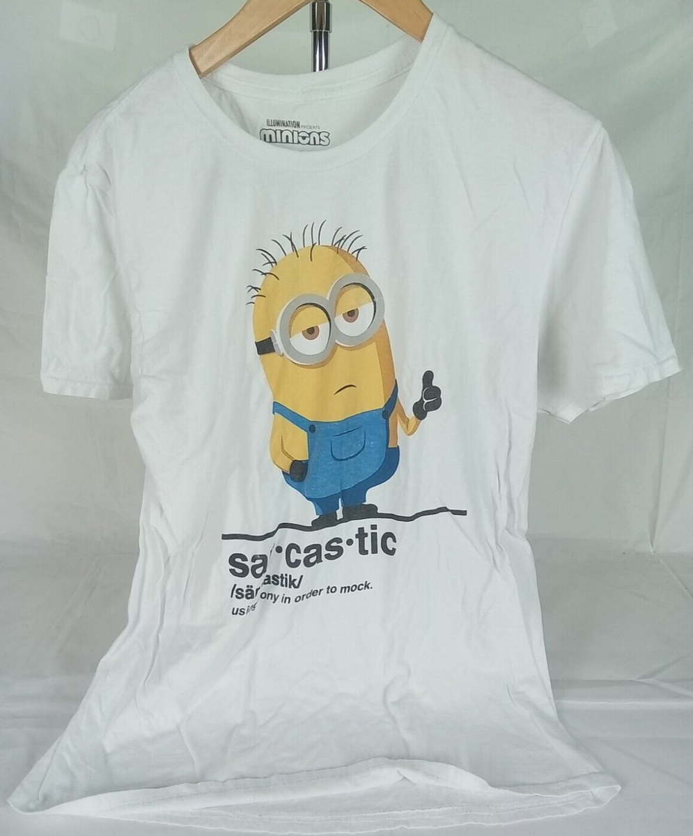 Minions Sar Cas Tic Print White Large Mens Shirt 100%Cotton