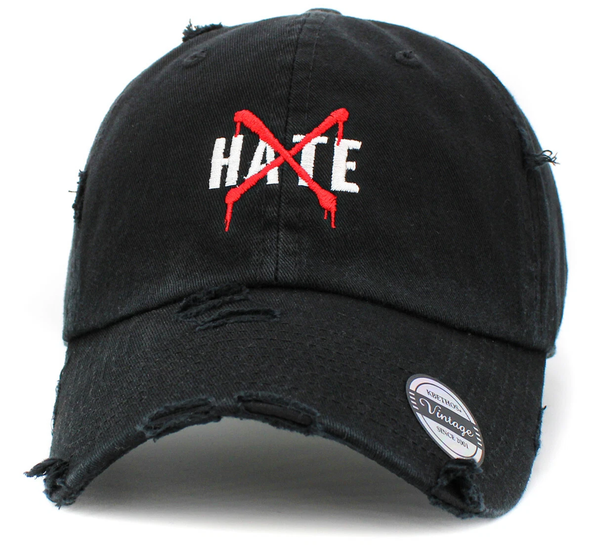 No Hate Vintage Adjustable Black Distressed Hat by KB Ethos