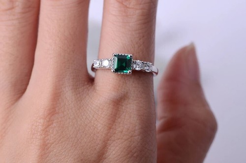 Green Emerald Women Ring Lab Created Gemstone 925 Sterling Silver Dainty Ring - 第 1/5 張圖片