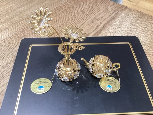 24k gold plated Tea Pot And Vase & Flowers With Swarovski Crystals