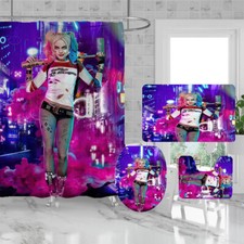 Harley Quinn Bathroom Rugs Set 4PCS Shower Curtain Bath Mat Toilet Lid Cover New