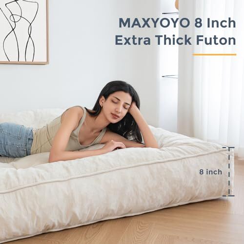 8" Futon Mattress Size, Extra Thick Futons Sofa Couch Bed, Velvet Queen Beige - Picture 5 of 7