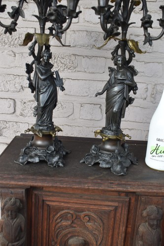 PAIR antique spelter bronze greek lady figurine candelabras candle holders - Picture 5 of 11