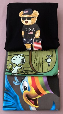 Men's Set of 3 Fun T-Shirts Size Small Froot Loops Root Beer Snoopy USA Bear WoW