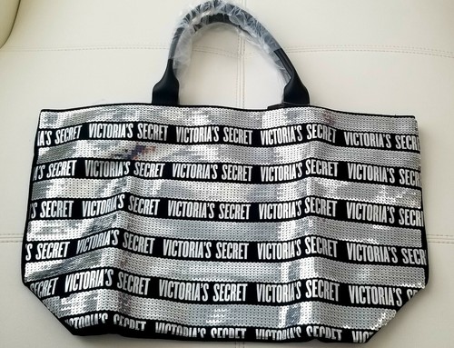 Victoria's Secret Tote Bag Set 2 Piece Large Shopper Black Silver Bling NWT - Picture 3 of 9