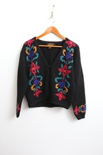 Vintage EUC S Eddie Bauer 100 Wool Cardigan Sweater Women Black Floral