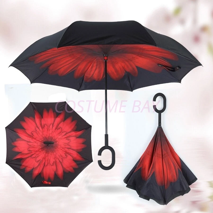 Windproof Upside Down Reverse Umbrella C Handle Double Layer Inside Out Inverted