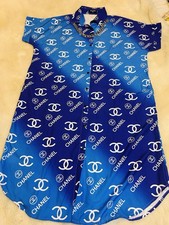 Blue White Logo Print Collared Button-Up Short Sleeve Blouse 1X