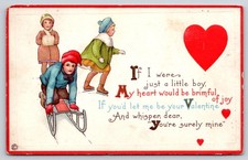 Valentine Boy On Sled Girl Skates For Red Heart c1910 Stecher Ser 89C Postcard