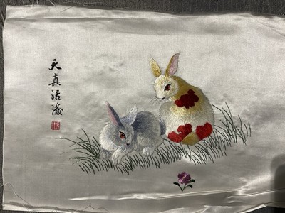Satin Floss on silk rabbits hand embroidered Asian Finished piece