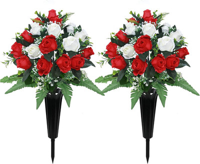 2 Sets Artificial Cemetery Flowers for Grave,Realistic Grave Flowers for Cemeter